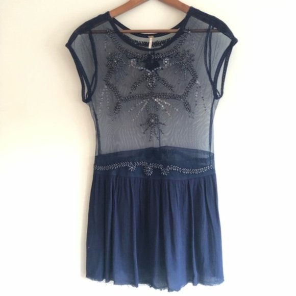 Free People Tops - Free People Navy Mesh Beaded Tunic
